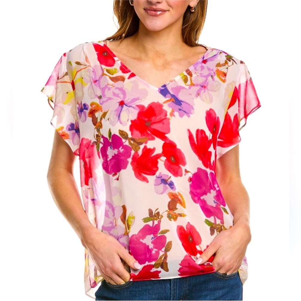 CABI Passion Top Blouse Floral Pinks Sheer EUC #4347 Size M